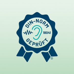 Sie sehen hier das Label der Marke Gesunde Akustik in Blau auf grünem Hintergrund.