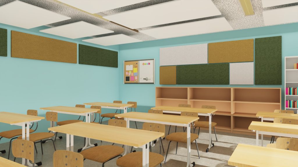 Hier sehen Sie das gezeichnete Bild eines Klassenraumes in einer Schule.