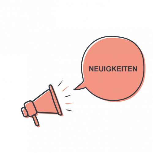 Hier sehen Sie ein gezeichnetes Icon als Sprechblase an einem Megaphone mit der Inschrift Neuigkeiten.