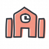 Sie sehen hier ein graues Icon eines großen Gebäudes auf farbigem Hintergrund.